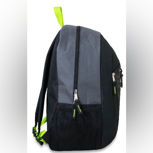 NWT! 17” Carabinder Clip Backpack w/Padded Straps NEON Center Stripe & Black - Picture 4 of 5